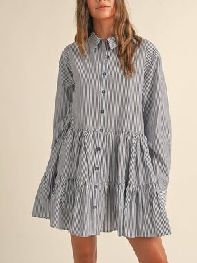 MIOU MUSE Striped Button Down Tiered Dress